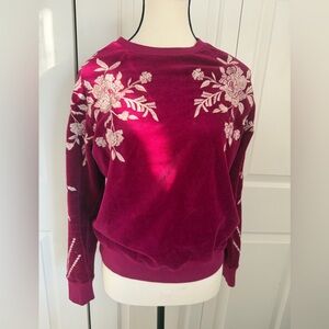 Johnny Was magenta fushia velour Floral Embroidered Velvet Sweatshirt XS